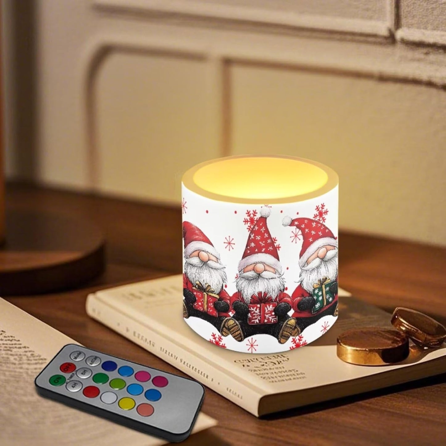 Poceacles 4 PCS LED Flameless Candles for Christmas Realistic Battery Powered No Flame Candles with Remote and Timer, Simulated Wick Flame Tealights, Christmas Gnome Snowflake White Red