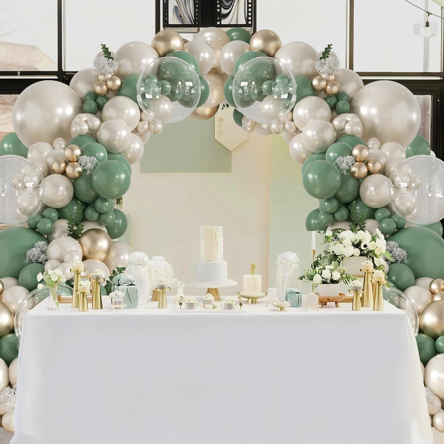 CROSSFINGERS Pearl Sage Green Balloon Arch Garland Kit, 128pcs Double Stuffed Pearl White Gold Balloons for Birthday Wedding Baby Shower Bridal Shower Engagement Party Decoration