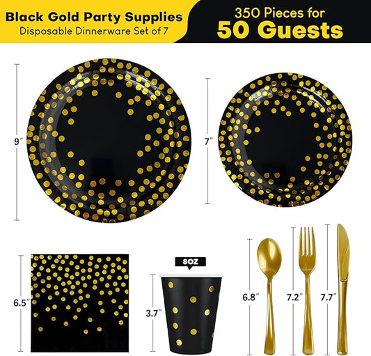 Disposable Plates for Party 25 Sets, Holiday Paper Plates and Napkins w/Cutlery & Cups, Heavy Duty Golden Dot Black Party Plates Napkins Cups for Baby Shower Birthday Wedding