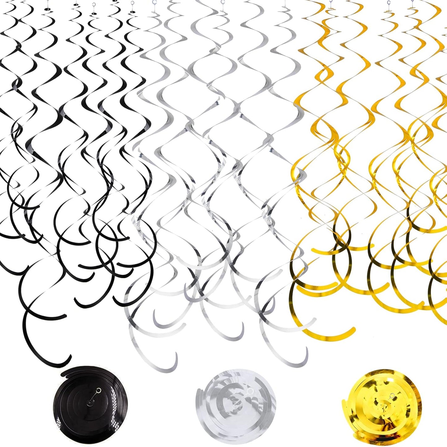 30Pc Gold Silver and Black Party Party Swirl Decorations Foil Swirl Hanging Decoration Plastic Streamer for Ceiling 22 in
