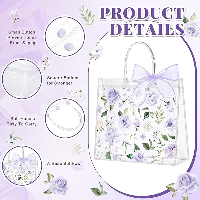 Wesnoy 24 Pcs Clear Floral Gift Bags with Handles Rose Purple Flower PVC Treat Tote Bag for Tea Birthday Party Wedding Bridal Shower Bachelorette Anniversary Engagement Guests, 7.8 x 7.8 x 3.2 Inch