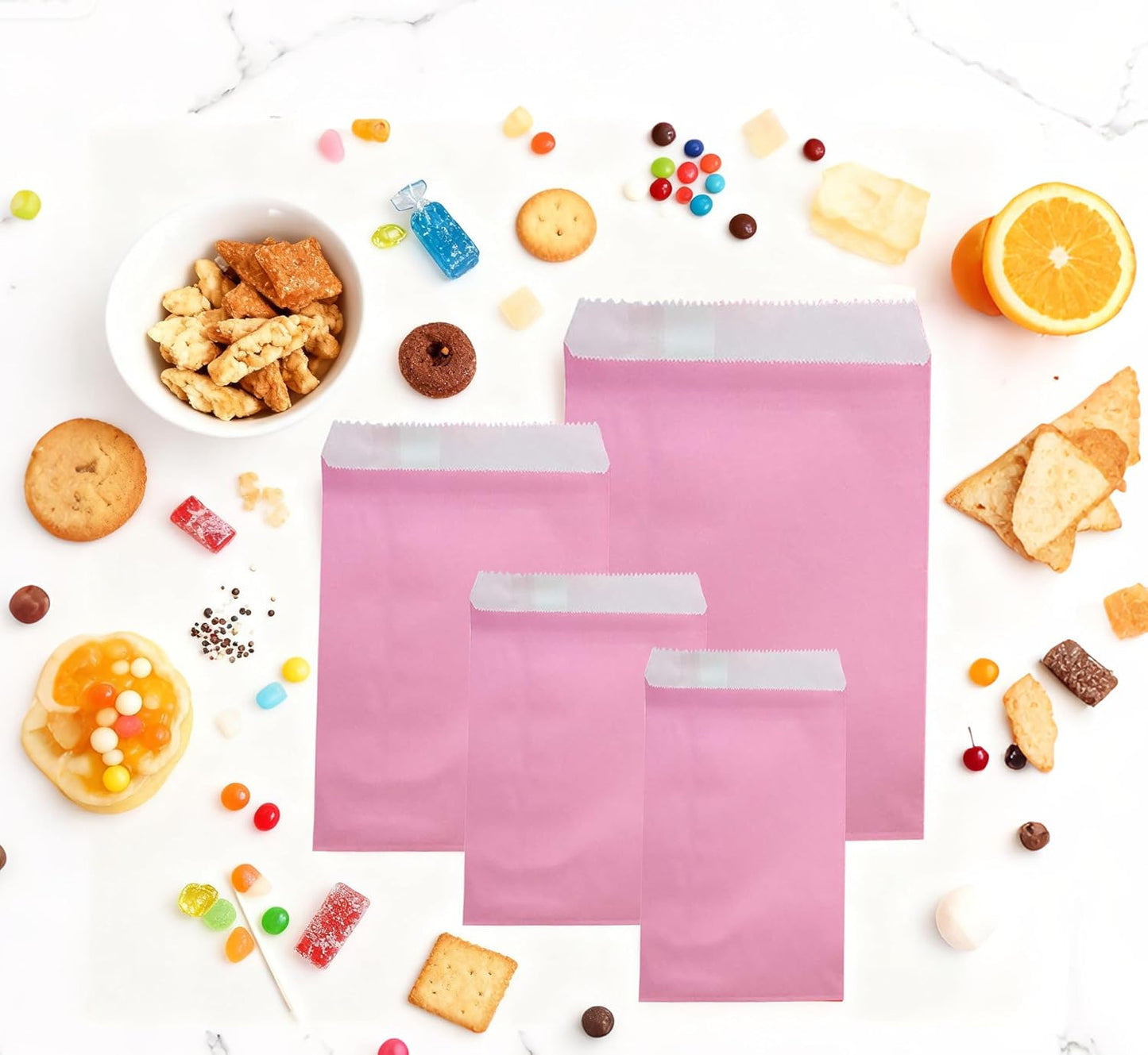 AZOWA Pink Paper Treat Bags 6 x 3 Paper Pink Candy Bags for Candy Buffet (100 CT, 6 x 3 IN)
