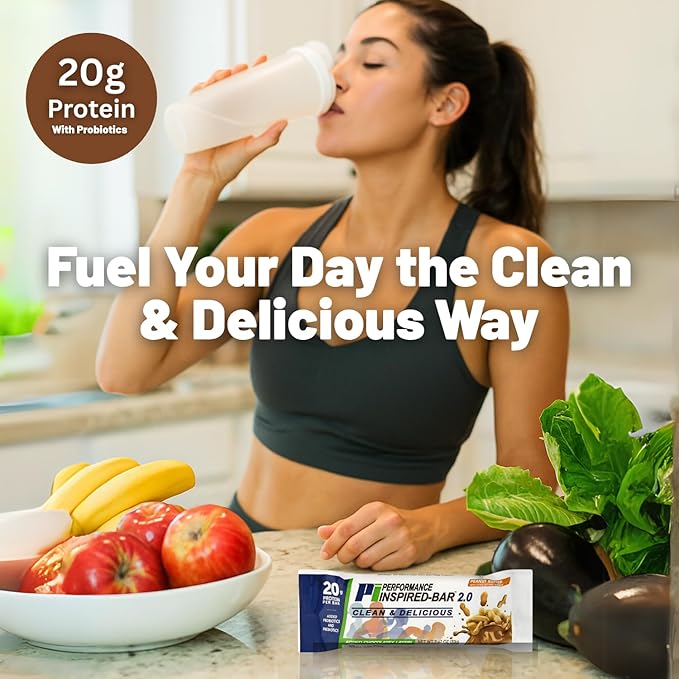 Performance Inspired Nutrition - Protein Bar 2.0 – Contains - 20G Protein - 6G Fiber - 4g MCTs - 1 Billion CFU Probiotics – 1G Prebiotics - G Free – BIG 70g Bar - Peanut Butter - 12Ct. Box