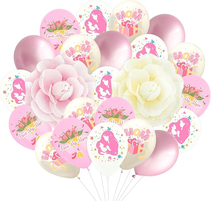 26 PCS Happy Mothers Day Balloons Pink and White Camellia Balloon Kit For Mother's Day Globos Para El Día De La Madre Mother Day I Love You Best Mom Foil Balloons Birthday Party Decorations for Mom
