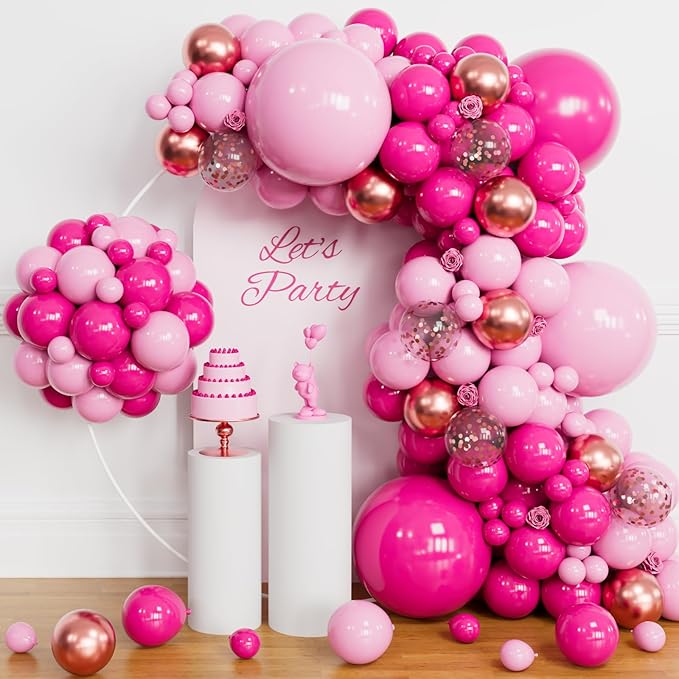 Pink Balloon Garland Arch Kit, 145pcs Hot Pink Rose Gold Balloons with Confetti Balloons for Mother's Day Decoration Girl's Birthday Bridal Baby Shower Princess Theme Party Background Decorations