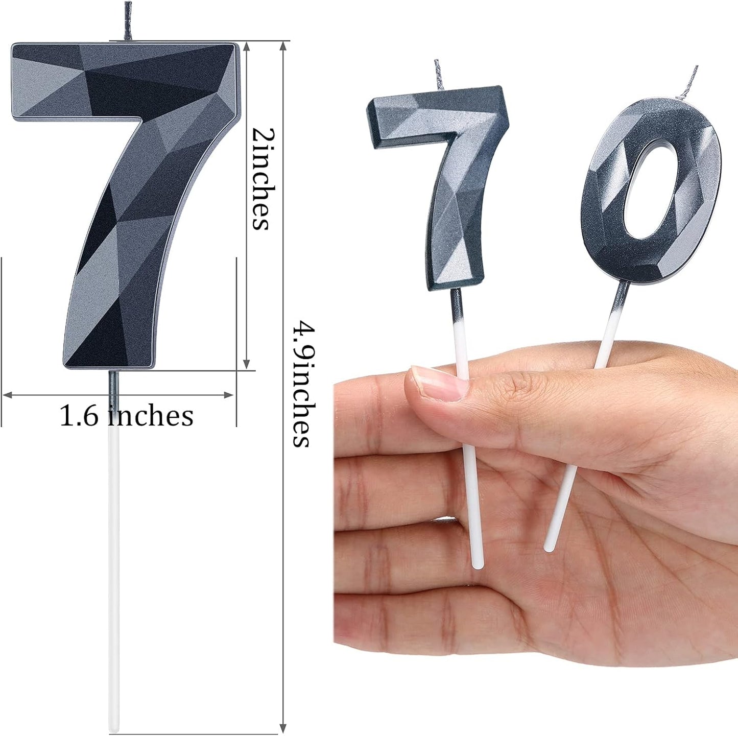 Nuanchu 70th Birthday Candles, Happy Birthday Cake Topper 3D Diamond Shape Numeral Sparkler Number Candles for Men Women Party Wedding Decoration Theme Party (Black)