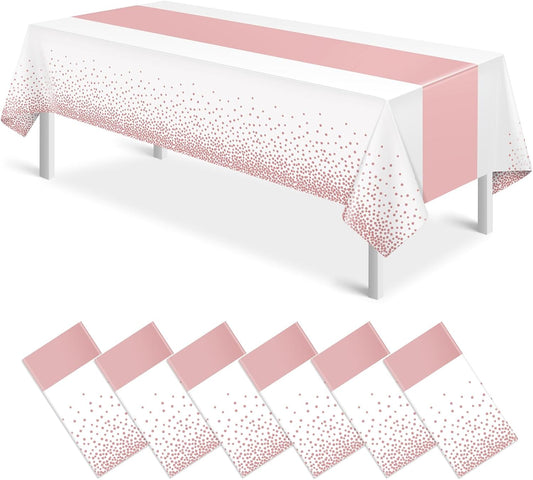 6Pcs White and Rose Gold Tablecloth Party Decorations,Plastic White Table Cloth Printed Rose Gold Table Runner Disposable Rectangle Table Cover for Birthday Anniversary Wedding Grad Party,54 x108 Inch