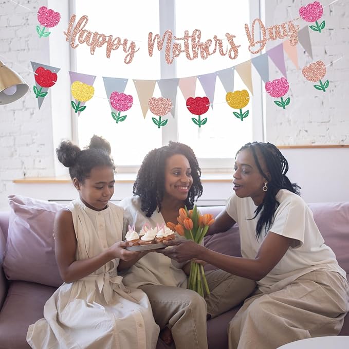 Happy Mother's Day Banner Set Decoration for Mother's Day Party Decorations Backdrop Garland for Mom Mother's Day Glitter Garland Photo Props (Rose Gold Tulip)