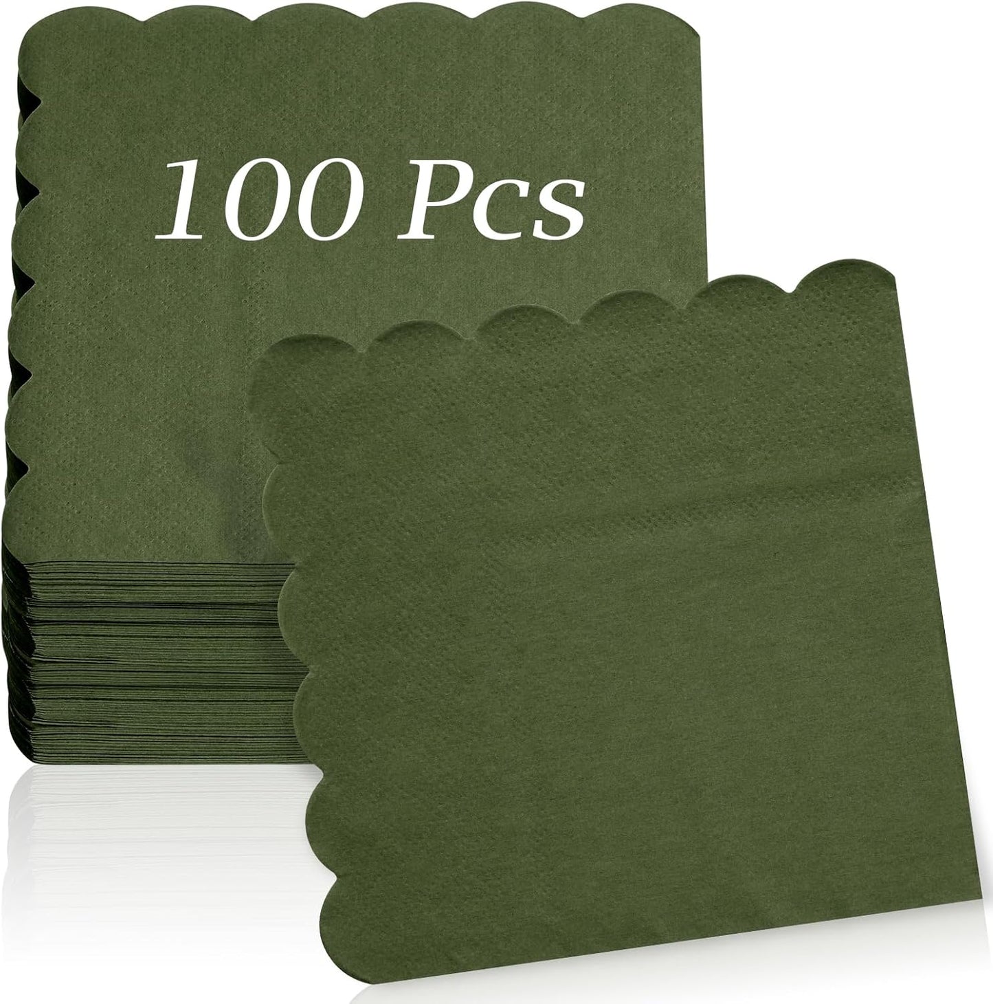 100 Pcs Cocktail Napkins, 2-Ply 5 x 5 Inches Disposable Scalloped Napkins, Thick Premium Dessert Napkins for Party, Wedding, Dinner, Birthday, Anniversary, Festival (Green)