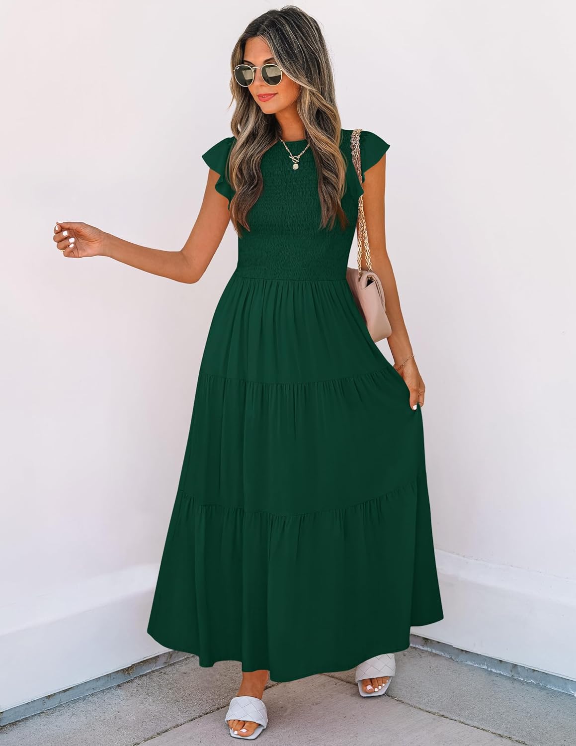ZESICA Women's 2025 Summer Casual Flutter Short Sleeve Crew Neck Smocked Elastic Waist Tiered Midi Dress