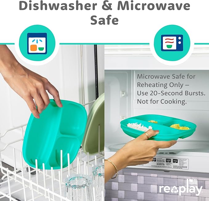 Re-Play Toddler Plates with Dividers - Deep-Walled 3 Compartments Divided Plates for Kids - Dishwasher & Microwave Safe - Made in USA - Set of 3-7.37" x 7.37" x 1.25" - Aqua Asst