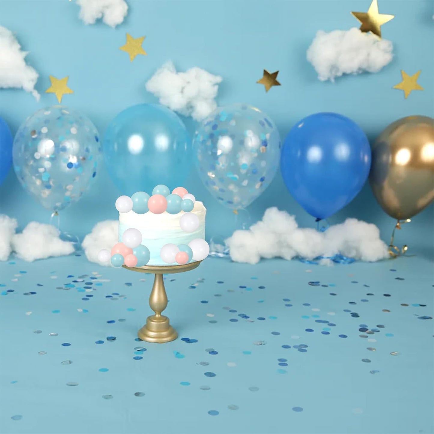 Gyufise 30Pcs Balls Cake Topper Foam Ball Cake Picks Faux Pearl Ball Shaped Cupcake Insert Cake Topper for Baby Shower Wedding Anniversary Kids Birthday Party Cake Decorations White Blue Pink