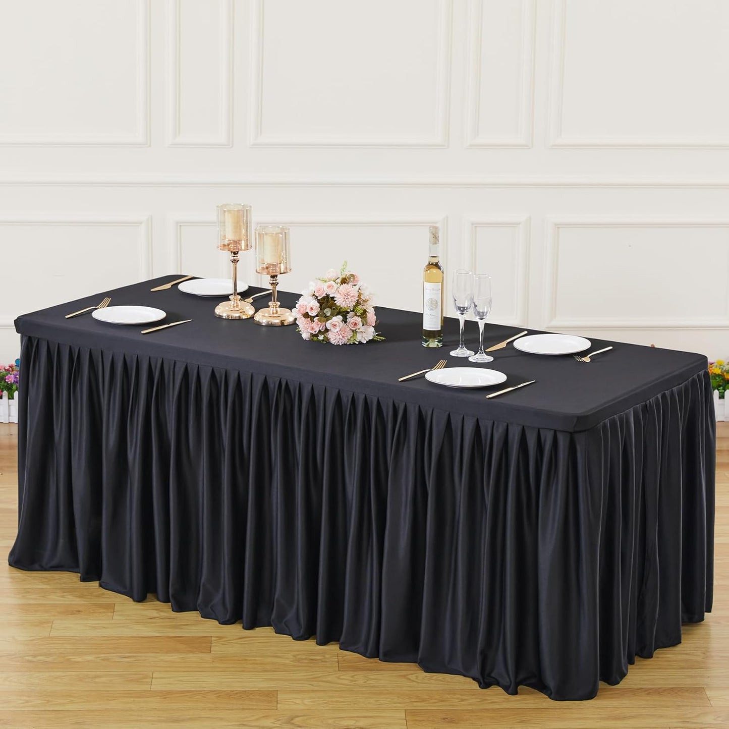 Black Polyester Table Clothes for 4 Foot Rectangle Tables, Wrinkle Free Fitted Table Cover with Pleated Ruffle Table Skirt for Birthday Party Wedding Trade Show Event Display
