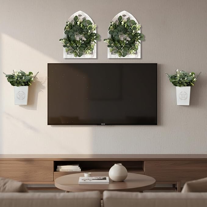4 Sets 67 Pcs Farmhouse Wall Decor Set Rustic Window Frame Wall Decor with Eucalyptus Wreath and Metal Walls Planters Vintage Farmhouse Walls Art for Living Room Entryway(Arched Cathedral)