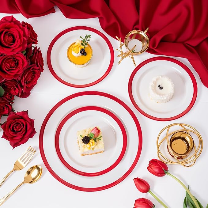 supernal 120pcs Clear and Red Plastic Plates Disposable Heavy Duty Fancy Unique Red Disposable Dinnerware Include Dinner and Dessert Size Perfect for Valentine's Day Party and Wedding