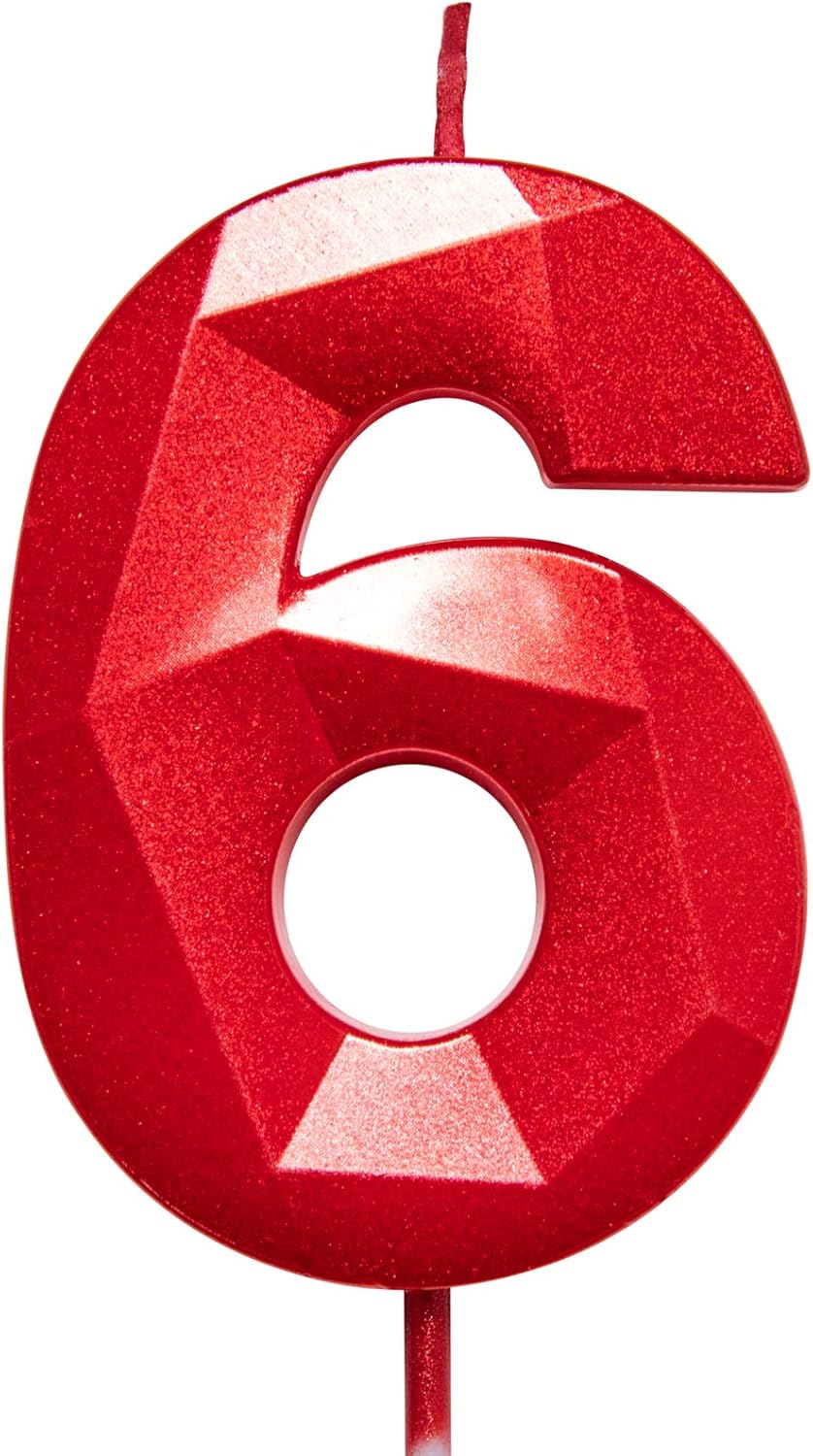 2.75in Tall 3D Diamond Shape Bright Red 6 Candles, Red Color Happy Birthday Cake Toppers Decorating and Celebrating for Adults/Kids Party/Family Baking (Bright Red Diamond Shaped 2.75in Number 6)