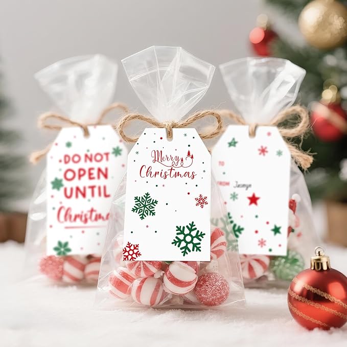 Anwyll Christmas Gift Tags with String - 50Pcs White Merry Christmas Name Tags for Gift Xmas to from Tag Have A Merry Little Christmas Tree Label Tag for Present Wrap Goodie Bags Holiday Party Favors