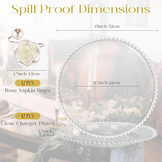 Tioncy 12 Set Clear Charger Plates with Napkin Rings 13 Inch Plastic Round Charger Plates with Bead Rim Dinner Table Decor for Christmas Holiday Party Wedding Tabletop Decoration(Rose,Silver)