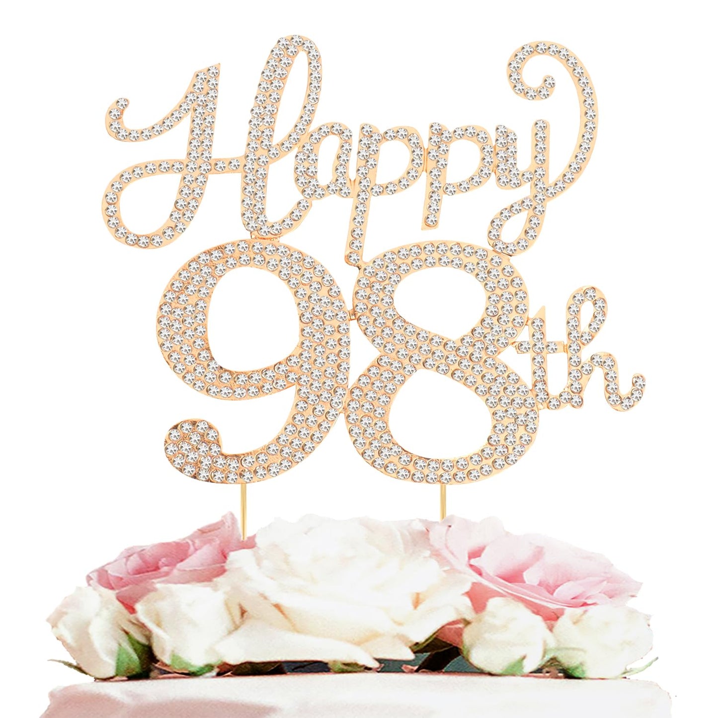 Happy 98th Birthday Decorations,98th Birthday Gold Rhinestone Cake Topper - Cheers to 98 Years Old Bday Party Metal Sparkly Cake Centerpieces Sign.