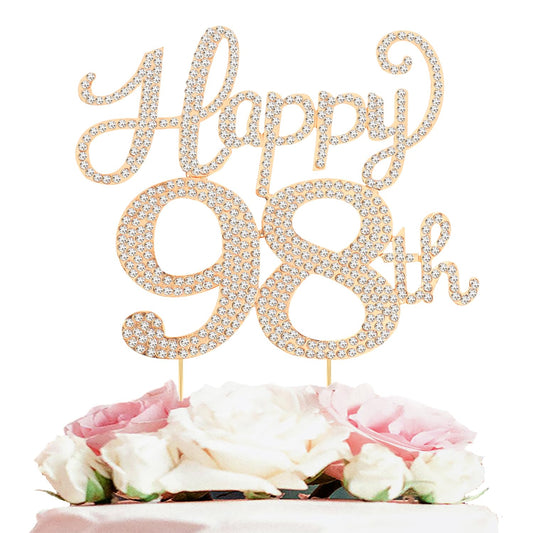 Happy 98th Birthday Decorations,98th Birthday Gold Rhinestone Cake Topper - Cheers to 98 Years Old Bday Party Metal Sparkly Cake Centerpieces Sign.