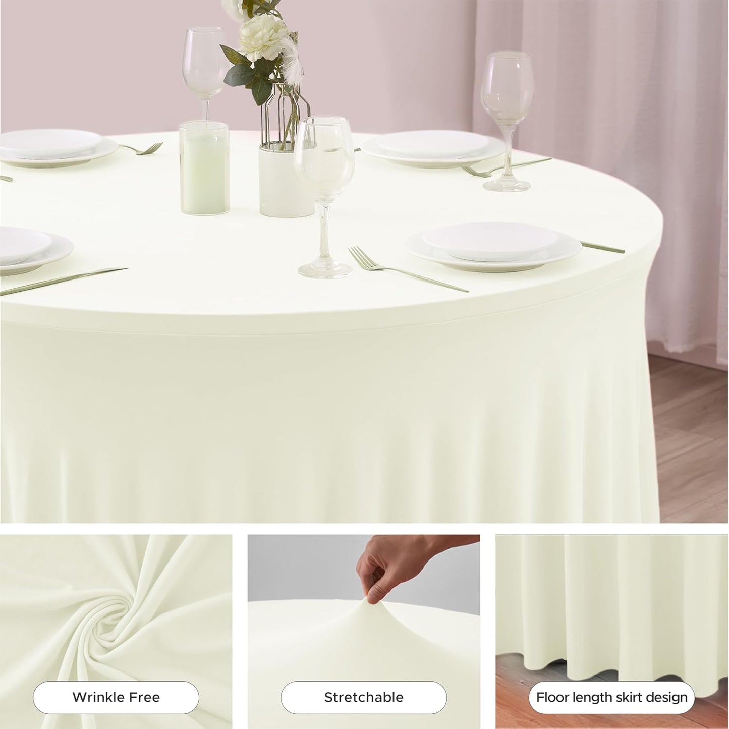 HolidayIdeas 60 Inch Beige Spandex Round Table Skirts,Fitted Stretch Tablecloths for Round 5 ft Table, Wrinkle-Free Ruffle Design Tablecloths for Banquets,Wedding,Trade Shows, Parties, Events, 6 Pcs
