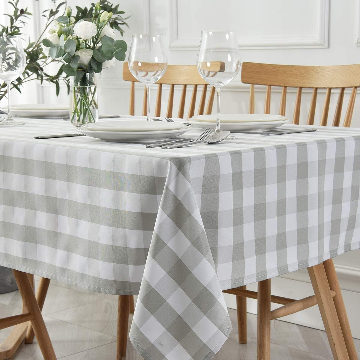 maxmill Checkered Square Tablecloth Stain Resistant Waterproof and Wrinkle Resistant Washable Heavy Weight Soft Table Cloth Gingham for Dining Room and Outdoor Use, 52 x 52 Inch Grey and White