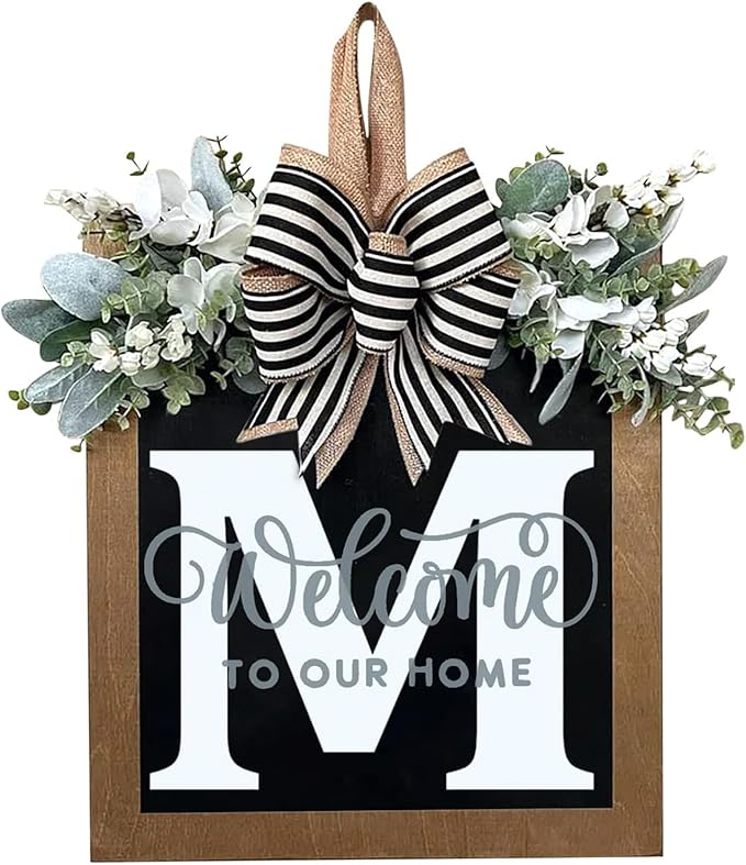 Last Name All Year Round Front Door Wreath with 26 Initial Letter Welcome Sign All Seasons Eucalyptus Garland and Bow ，Farmhouse, Porch, for Spring Summer Fall All Seasons Holiday Halloween Christmas. (M)