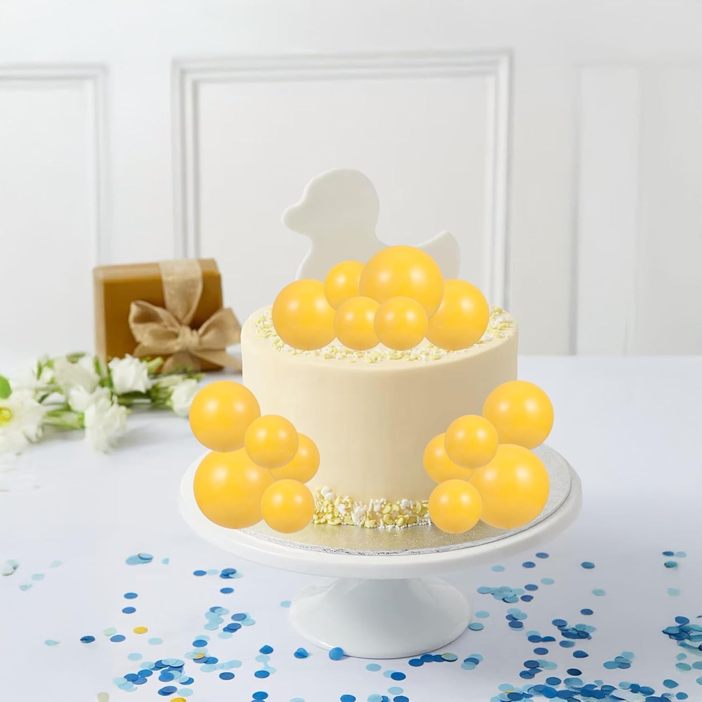 Gyufise 30Pcs Balls Cake Topper Foam Ball Cake Picks Mini Balloon Cupcake Insert Bubble Balls DIY Decoration for Baby Shower Wedding Anniversary Kids Birthday Party Cake Decorations Yellow