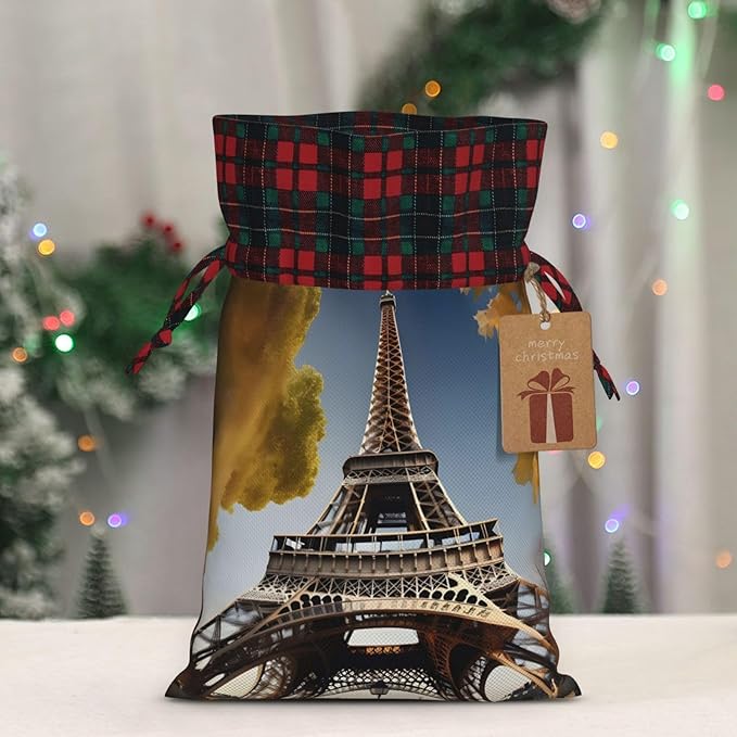 PULaif Cityscape Paris Eiffel Tower France Christmas Drawstring Gift Bags, Large Size Christmas Bags For Gifts Party Favors, Xmas Gift Bags