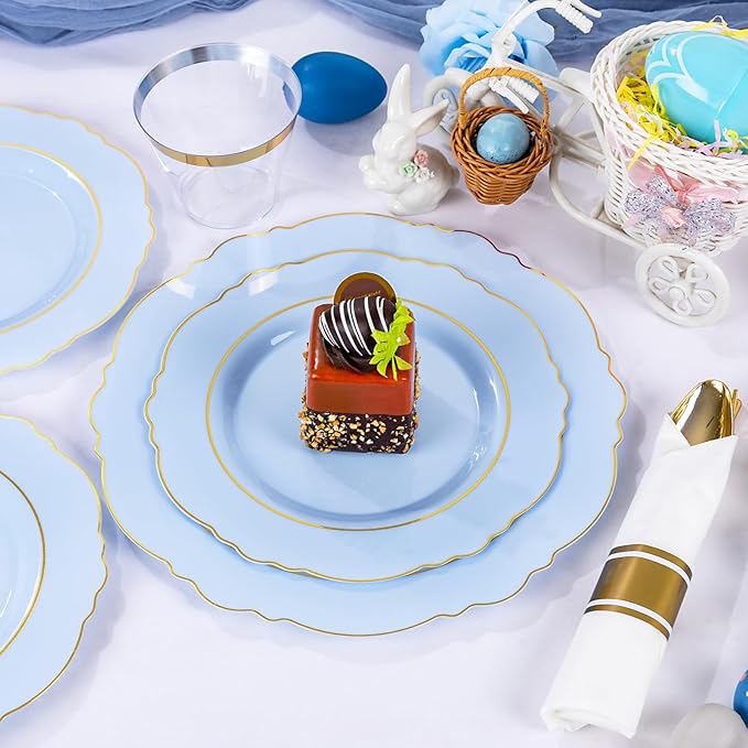 Liacere 175PCS Bule Plastic Plates - Disposable Ligh Bule and Gold Plates - Baroque Plastic Dinnerware 50Plates, 25Pack Pre Rolled Napkins with Silverware 25Cups for Baby Shower Party &Easter Day
