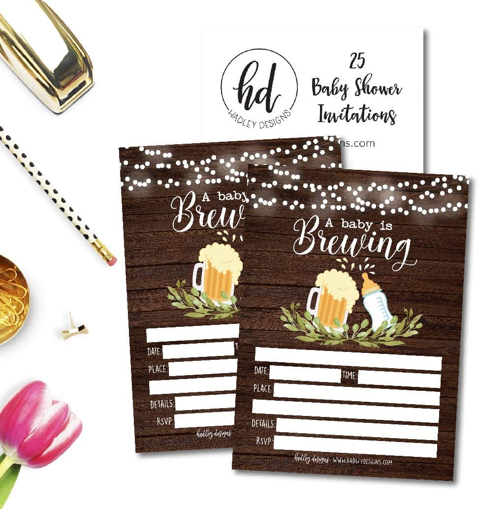 Hadley Designs 25 Brewing Baby Shower Invitations, Coed Sprinkle Invite for boy or girl, Gender Neutral Reveal, Cute Printed Fill or Write In Blank Printable Card, Beer Vintage Bottle Twin Party