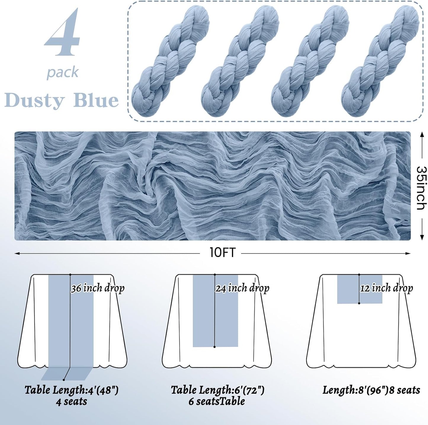 4Pack Dusty Blue Table Runner 10FT Cheese Cloth Table Runner 35x120Inch Long Boho Table Runners Rustic Gauze Table Runners for Party Wedding Bridal Shower Baby Shower Decorations