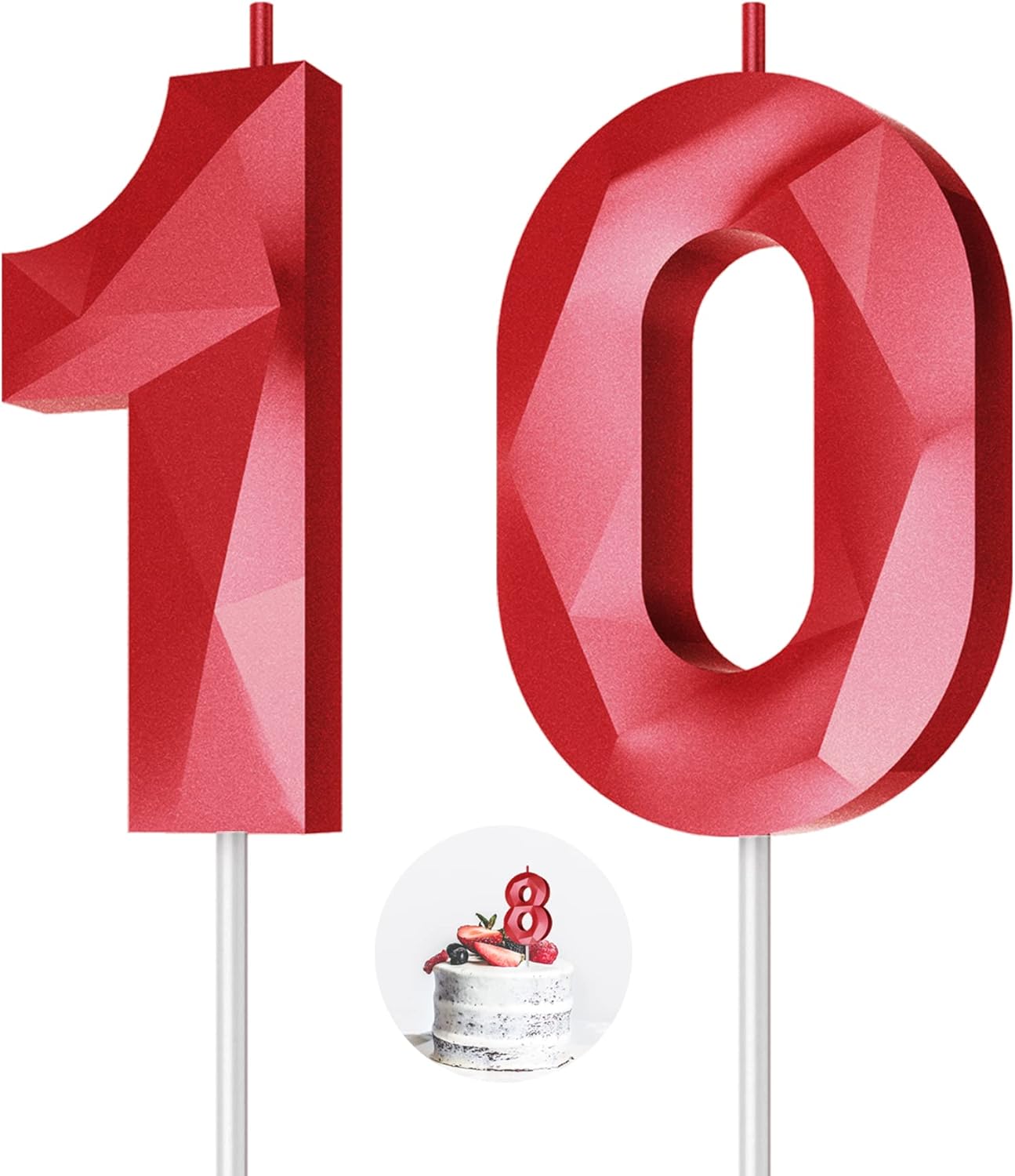 Number Birthday Candles(10 Candle Red) 3D Diamond Shape Number Happy Birthday Cake Candles for Birthday Party Wedding Decoration Reunions Theme Party
