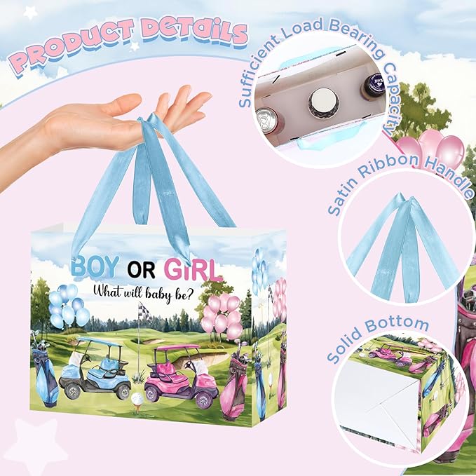 TagreSpike Golf Theme Gender Reveal Gift Bag with Tissue Paper & Card, Boy or Girl Paper Treat Bag for What Will Baby Be Golfing Party Decorations, Blue & Pink Baby Shower Supplies