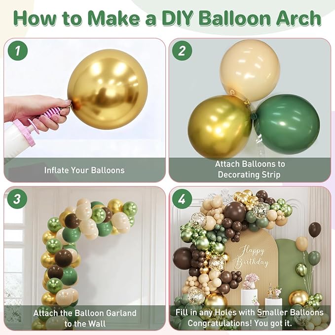 Sage Green Brown Nude Gold Balloon Garland Arch Kit, 167Pcs Latex Balloons Different Sizes 18 12 10 5 inch for Woodland Birthday Safari Jungle Baby Shower Graduation Gender Reveal Party