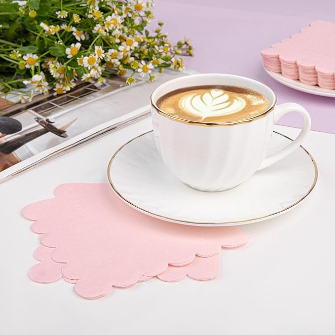 100 Pcs Pink Napkins Scalloped Edged Dessert Cocktail Napkins Folded 5 x 5 Inches Disposable Napkins for Dinner Wedding Birthday Party