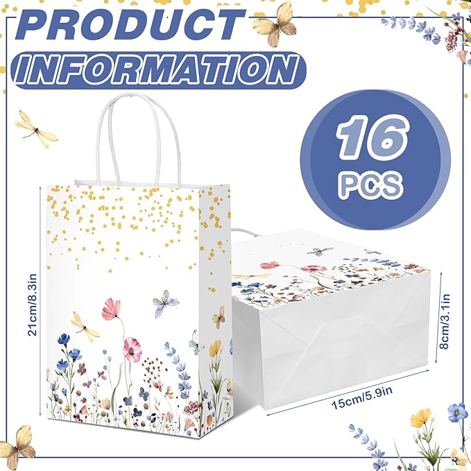Kolldenn 16 Pcs Wildflower Paper Gift Bags Women Mother's Day Birthday Favor Goodie Candy Bags with Handles for Bridal Engagement Baby Shower Party Supplies