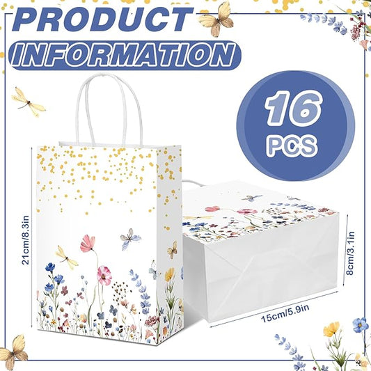 Kolldenn 16 Pcs Wildflower Paper Gift Bags Women Mother's Day Birthday Favor Goodie Candy Bags with Handles for Bridal Engagement Baby Shower Party Supplies