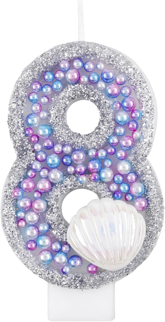 Girls Glitter 8 Birthday Candle, Pink Shell Sequins Blue Purple Pearls Number 8 Candle for Boys Girls Birthday Cakes Mermaid Themed Birthday Decorations Party Supplies