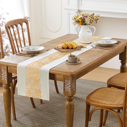 Metallic Style Fall Table Runner, Christmas Cotton and Linen Gold Table Runners 90 inches Long, Pre-Pressed Metal Striping Process, Birthday Wedding Decorations for Home Decor(Gold, 13"x90")