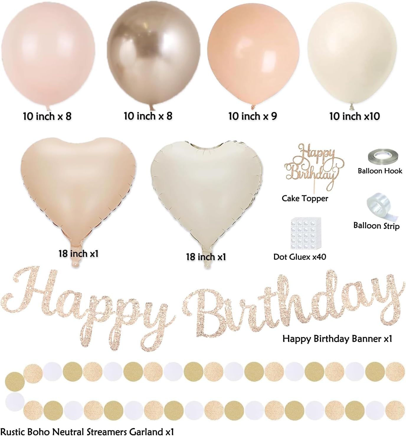 Champagne-Gold Beige Fall Boho Birthday Party Decorations 62pcs Happy Birthday Banner, Peach White Paper Lanterns, Streamers, Tissue Pom Poms, Blush Beige Boho Party Balloons, Rustic Backdrop Decor