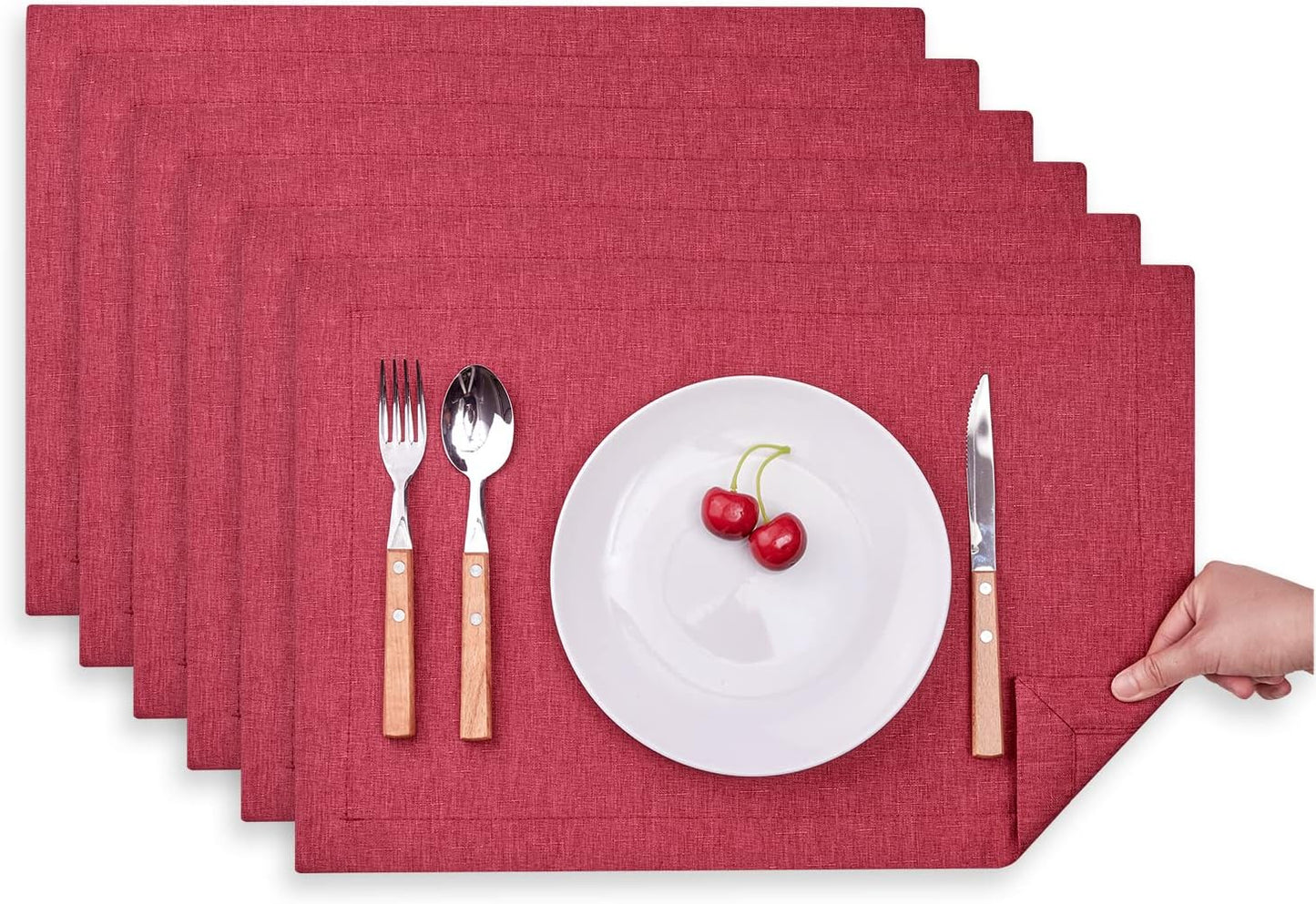 Mebakuk Cloth Placemats, Machine Washable Linen Style Thick Place Mats, Heat Resistant and Easy to Clean Fabric Table Mats for Kitchen Dining Table (Wine Red, Set of 6)