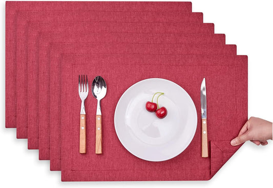 Mebakuk Cloth Placemats, Machine Washable Linen Style Thick Place Mats, Heat Resistant and Easy to Clean Fabric Table Mats for Kitchen Dining Table (Wine Red, Set of 6)