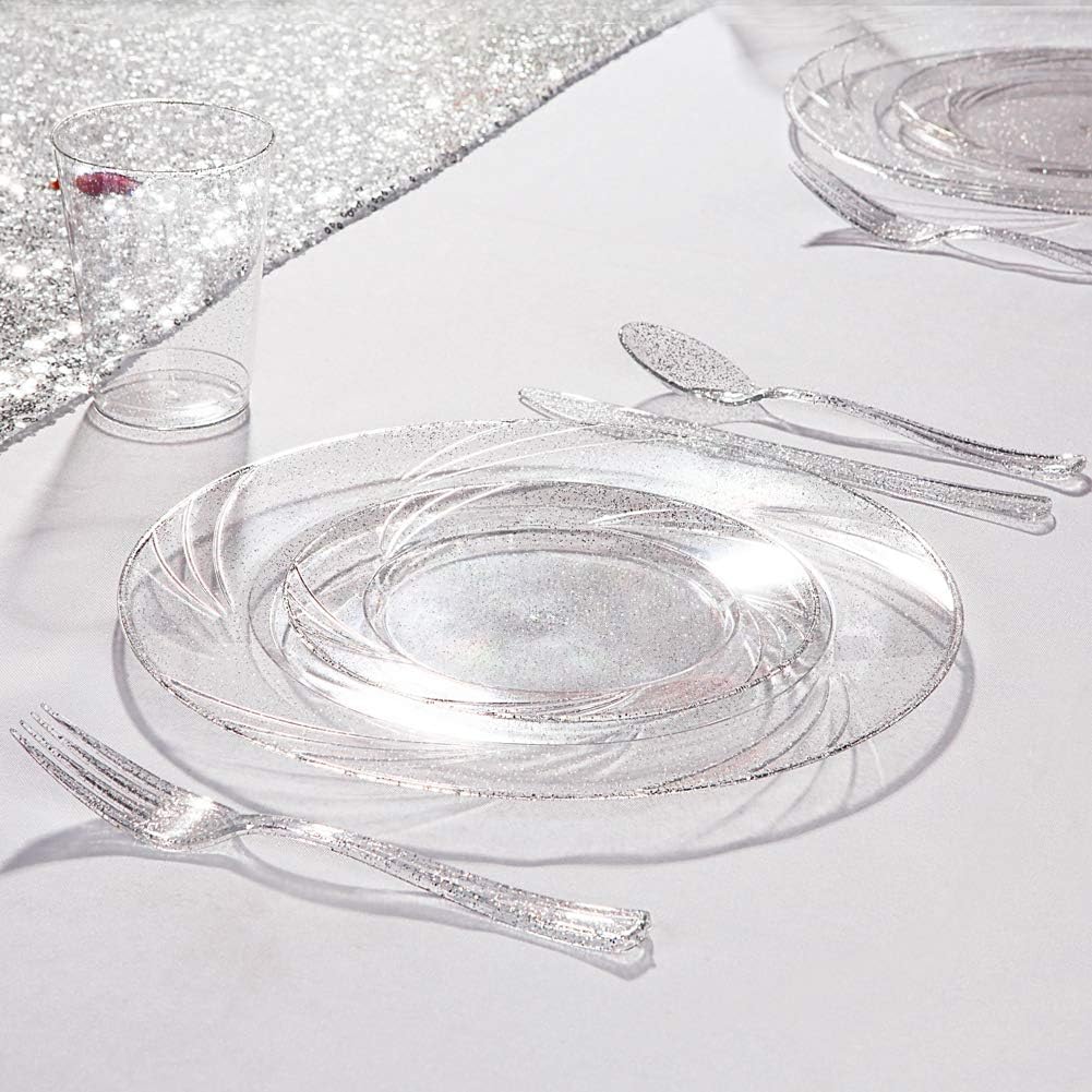 WDF 100 PACK Silver Glitter Plastic Disposable Cups - 12 Oz, BPA-Free, Heavy Duty, Ideal for Christmas Parties, Weddings, Daily Use