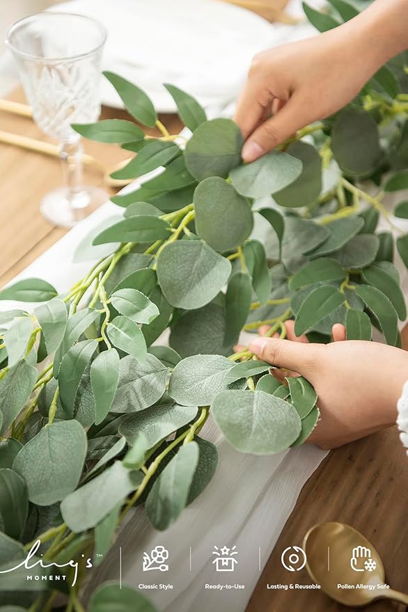 Ling's Moment Eucalyptus Garland for Table, 5.9ft Green Fake Eucalyptus Wreaths with Willow, 2pcs Real Touch Leaf Garland for Wedding Centerpieces Arch Rehearsal Dinner Bridal Shower