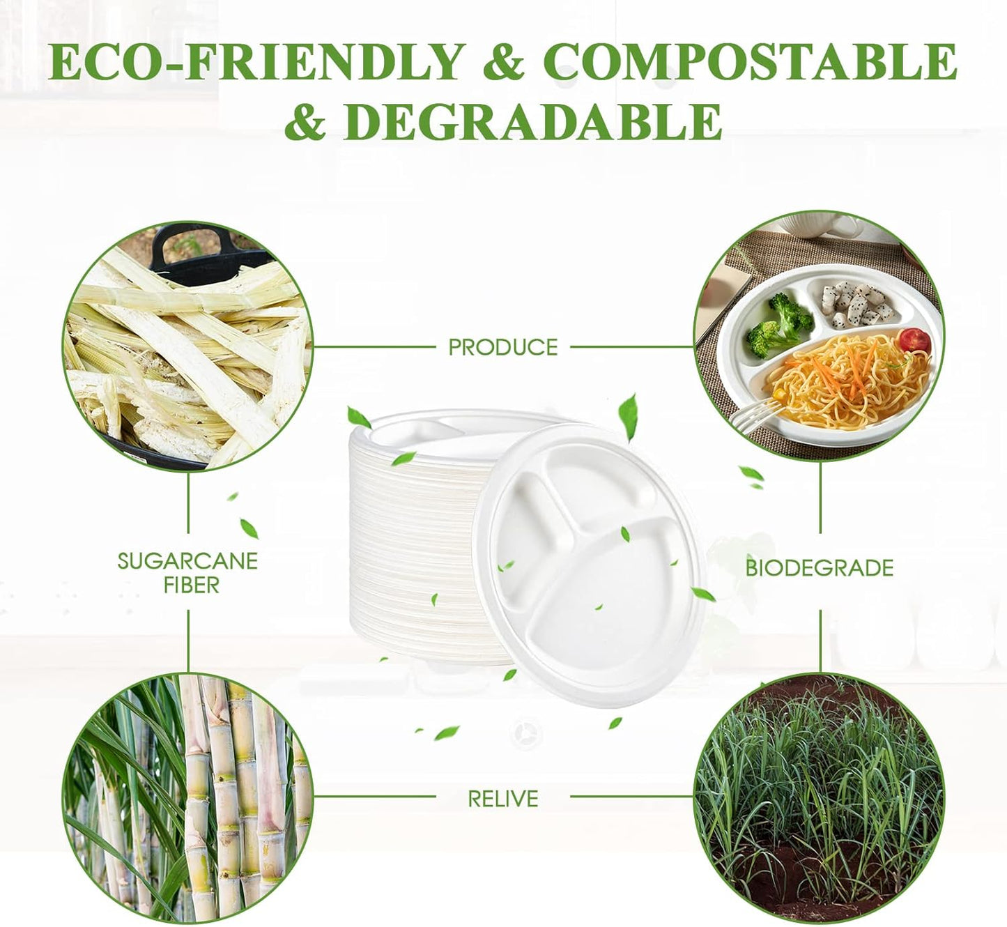 Vplus 100% Compostable Paper Plates, 500 Pack 10 Inch 3 Compartment Plates Disposable, Heavy Duty Biodegradable, Made of Sugar Cane Fibers, for Daily meals, Dinner, Parties, BBQ