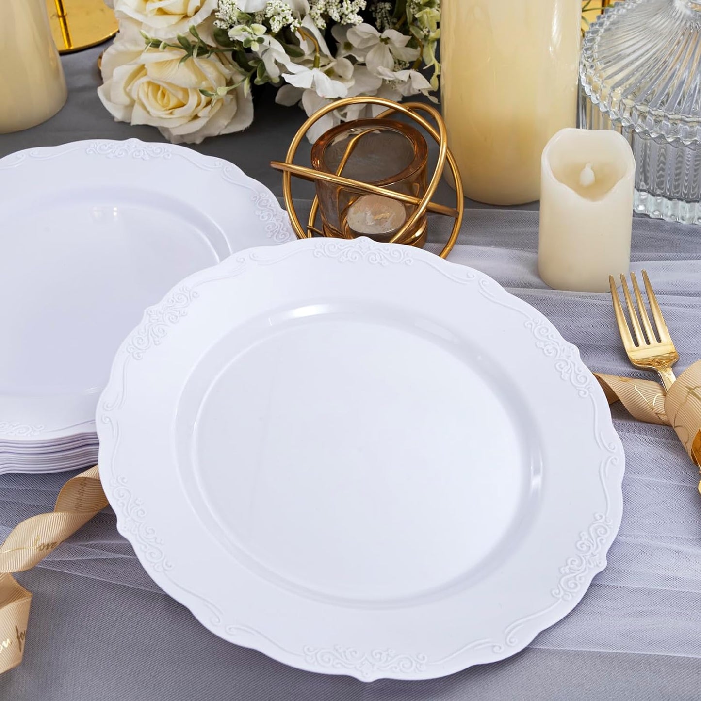 DaYammi 60PCS White Plastic Plates, Heavy Duty White Disposable Plates Premium 10inch Dinner Plates Hard Plastic Plates Disposable for Party Wedding Bridal Shower
