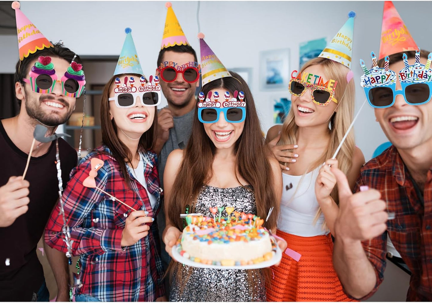 16 Pcs Birthday Party Hats Party Cone Hat with Pom Poms Birthday Glasses Photo Booth Props for Kids Adults (Cute Style)