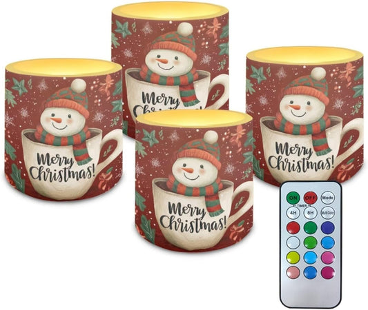 Poceacles Christmas LED Candles Set of 4 Battery Powered Flameless Candles with Multi-Color Lighting Options, Timer Function, for Indoor Outdoor Decor, Snowman Teacup Merry Christmas Red