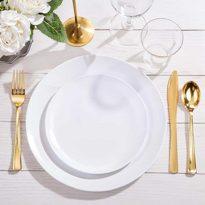 Nervure 100Pcs White Plastic Plates - 10.25inch Disposable White Dinner Plates - Heavy Duty Plastic Plate Ideal for Wedding & Party (Pack of 2)